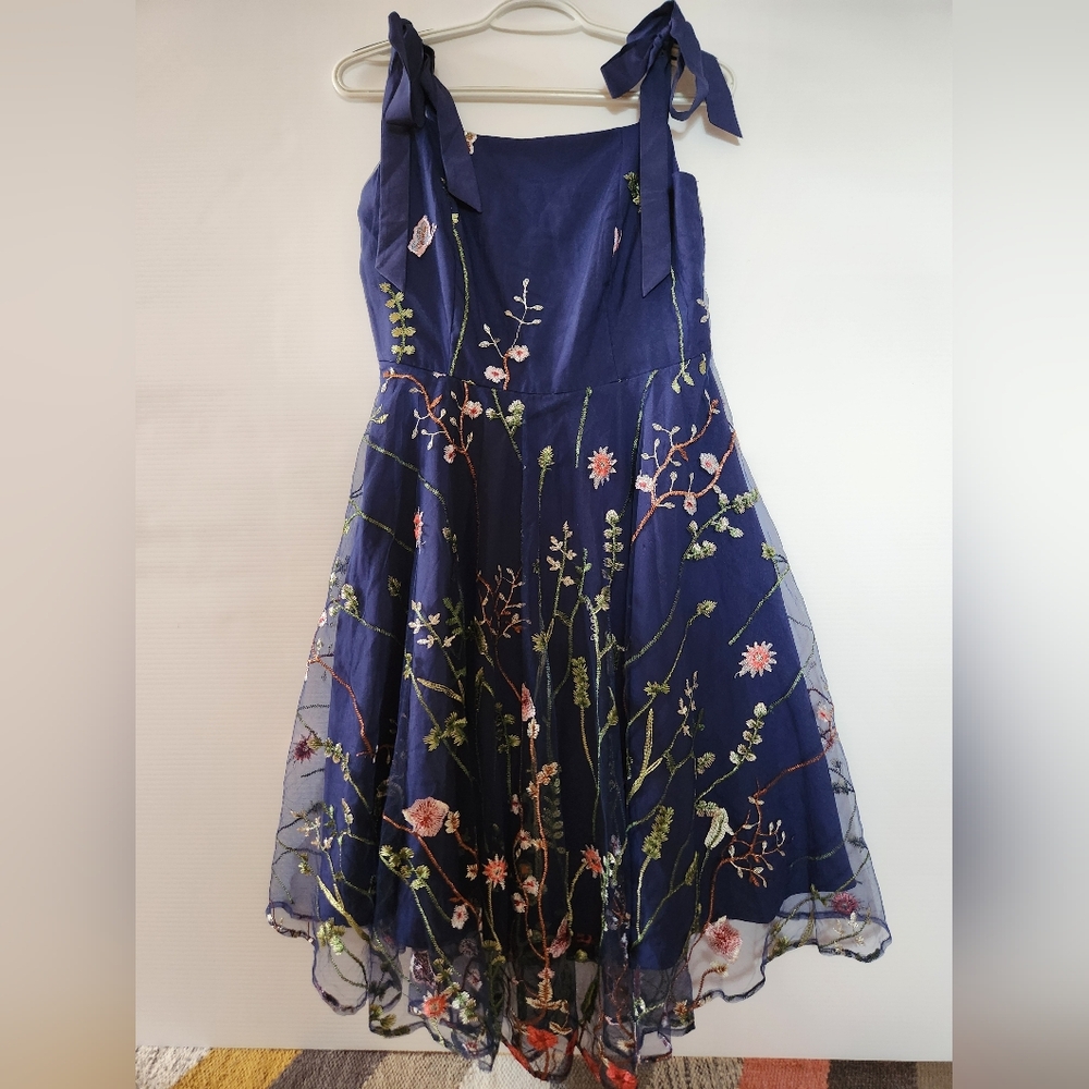 NWT Navy blue floral embroidered tulle fit & flare dress tie-shoulder straps